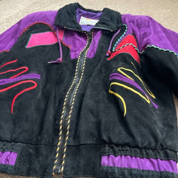 Mesa Ridge Suede Coat Womens M Purple Black Leather Southwestern Bomber Jacket - Picture 6 of 11